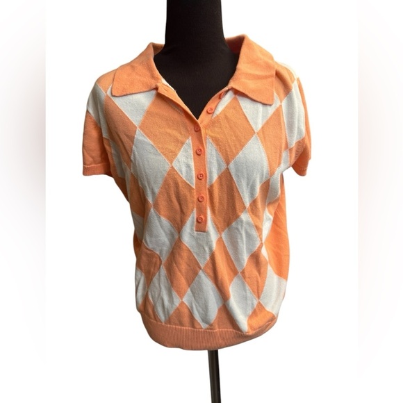 Y2K 1990’s VINTAGE WESTBOUND PETITES Cotton Argyle Women’s MED Top Orange White - Picture 5 of 13